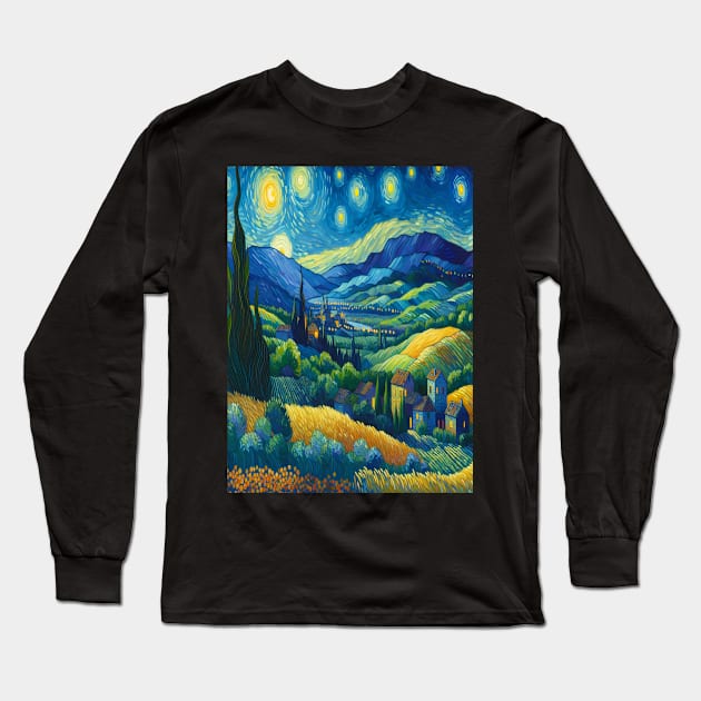 Vincent Van Gogh Inspired Nighttime Landscape Long Sleeve T-Shirt by Odetee